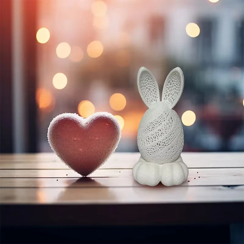 AAAN-3D Printing Hollow Out Easter Rabbitornament, Candle Holder Plaster Desktop Decoration, White Cut Bunny Eggs Figurines