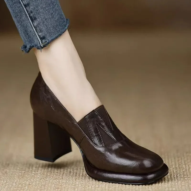 Women Retro Pumps Spring Autum Thick Square Heeled Shoe Slip-On Cowhide Female Pumps Square Toe French Style Ladies Shoes