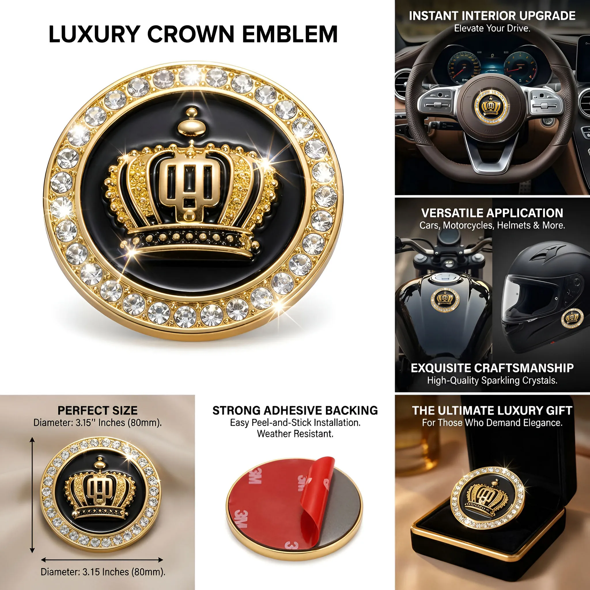 Bling 3D Crown Car Emblem Badge Decal, Rhinestones Metal Crown Emblems Badges Bumper Stickers for Auto SUV Truck Motorcycle