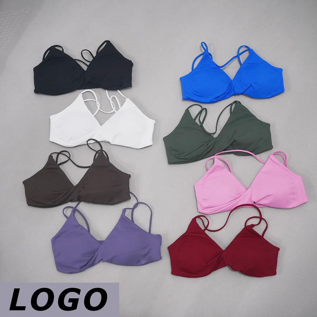 DF Women Twist Front Sports Bra V Neck Thin Strap Cross Back Seamless Removable Pads Yoga Gym Fitness Workout Soft Support