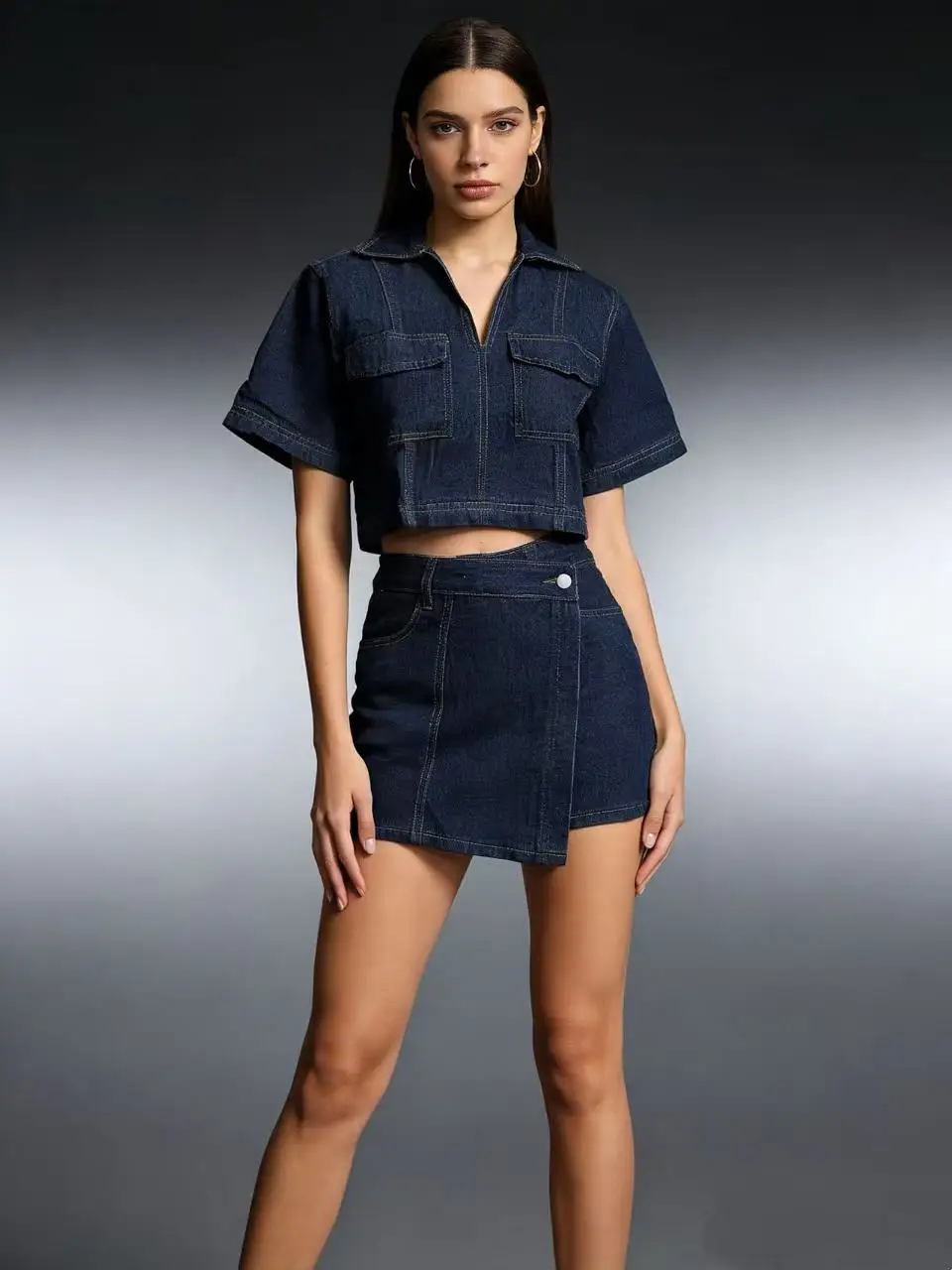 

Модная юбка-шорты с высокой талией, карго-юбка с V-образным вырезом и коротким рукавом, джинсовая юбка-шорты с асимметричным дизайном и эффектом перекрестного запаха, мини-юбка из денима.