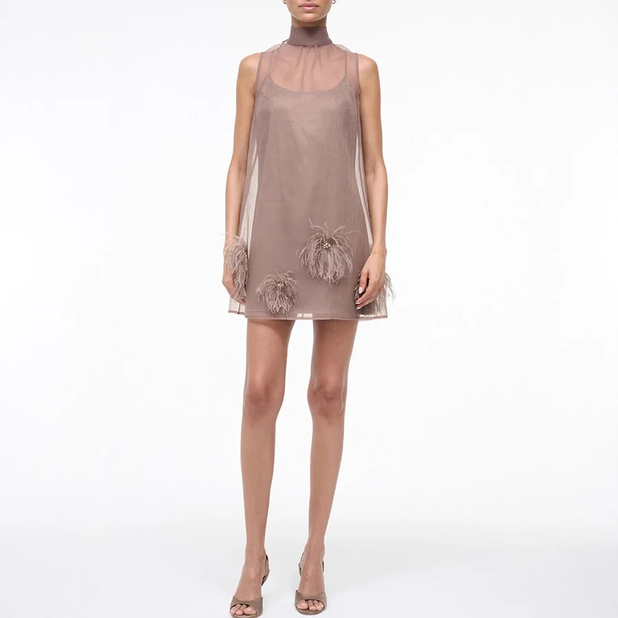 

Women Fashion Sleeveless Stand Collar Mini Dress Sexy See Through Mesh Bowknot Solid Color Loose Dresses Tassel Banquet Vestidos