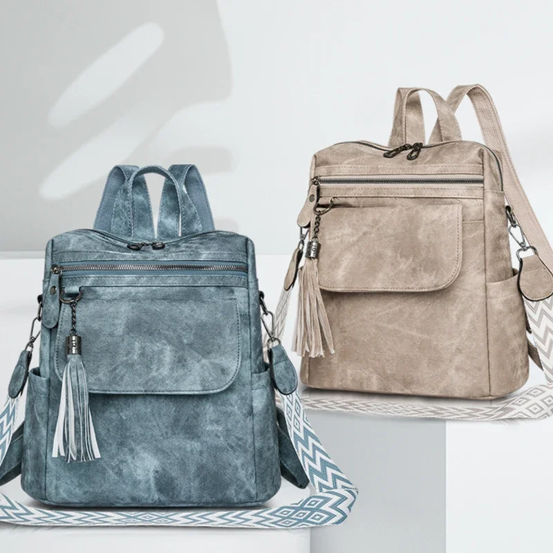 Retro women's backpack, multi compartment, tassel style, suitable for daily work and travel, multifunctional shoulder bag Рюкзак