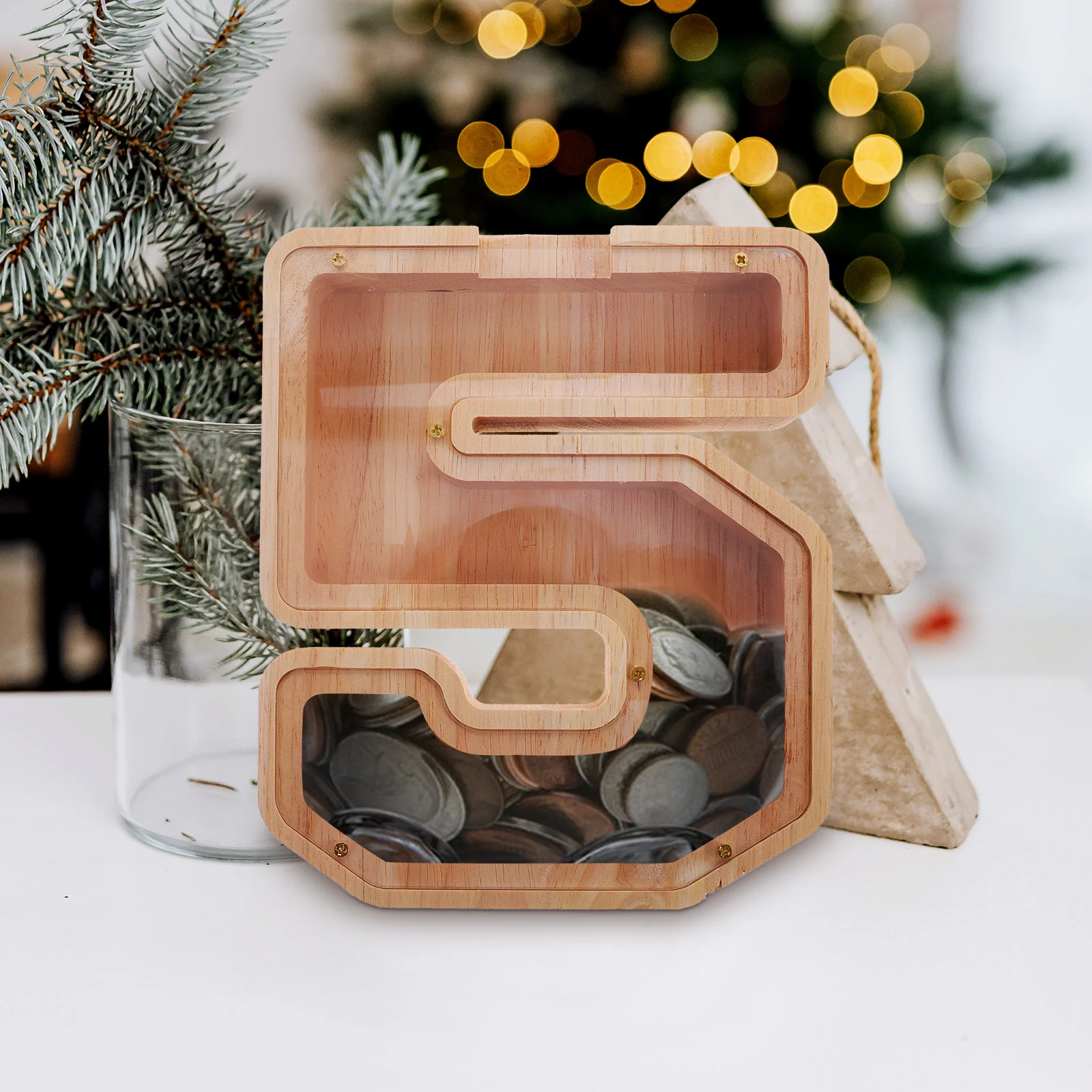 Doorzichtige houten spaarpot Moderne boerderijstijl Desktop spaarpot Muntbank voor kinderen Woondecoratie Draagbare spaarpot