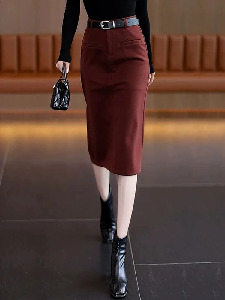 Women's Autumn and Winter Long Woolen Skirt 2026 New Solid Color Slim Pencil Skirts Ladies High Waist Warm Skirts U590