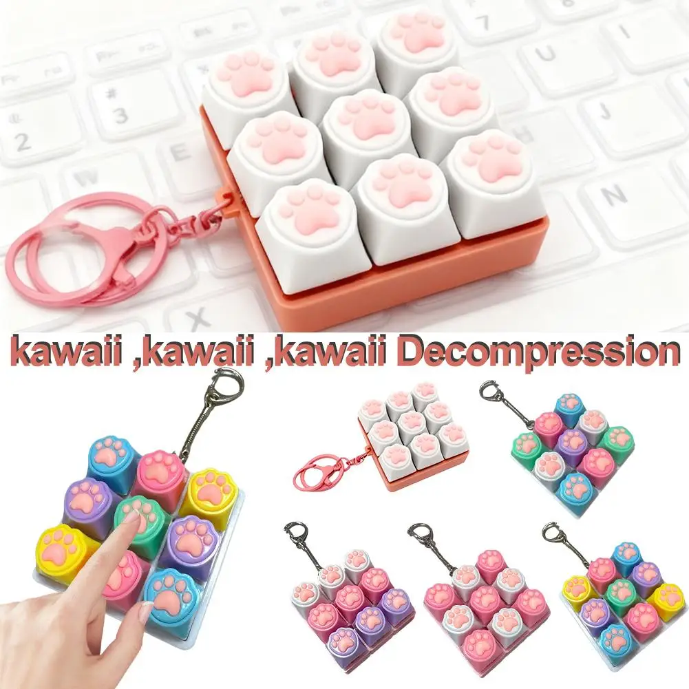 9 Keys Keyboard Key Toy Cat Paws Finger Button Stress Relief Toys Mechanical Keyboard Keycaps Keychain Office Decompression Calm