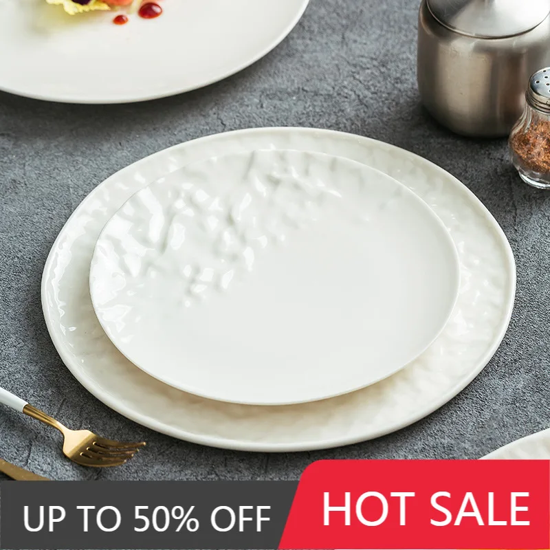 European Embossed Wrinkled Ceramic Steak Plate White Irregular Porcelain Dinner Plate Hotel Restaurant Specialty Plate Tableware