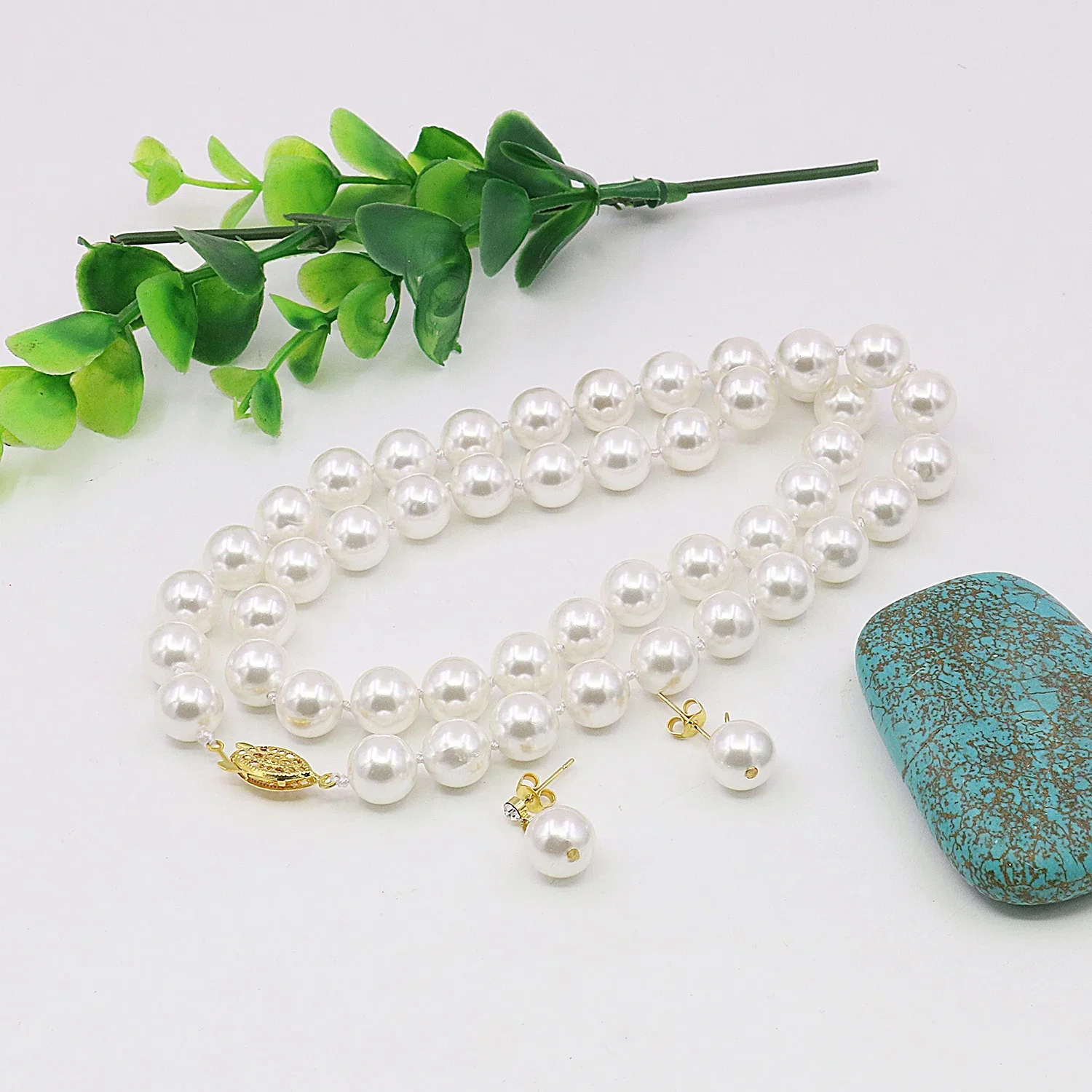 

10mm White Shell Pearl Round Bead Necklace/Earring Set, 22 Inch Fashionable Temperament, Women's Jewelry Making, Party Gift