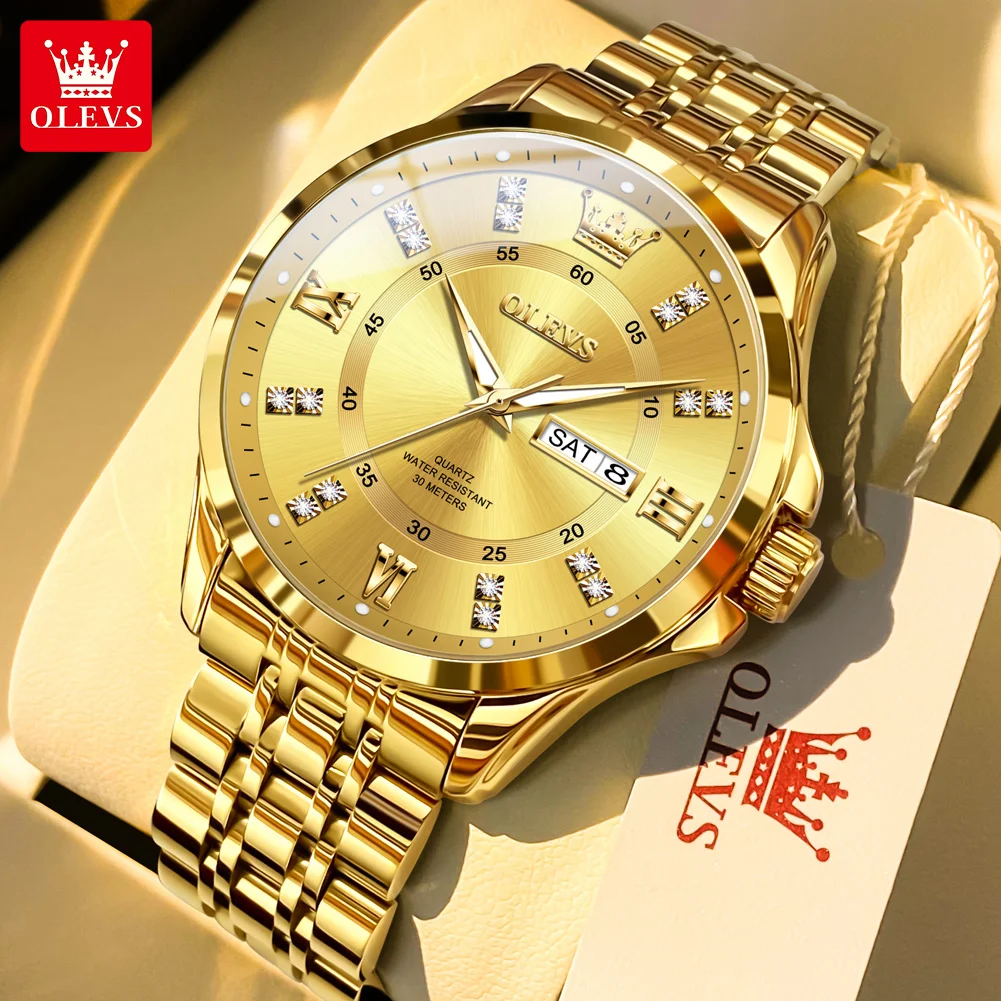 

OLEVS 3620, роскошные золотые мужские часы, брендовые оригинальные кварцевые часы, водонепроницаемые часы из нержавеющей стали, деловой календарь, подарок, мужские часы