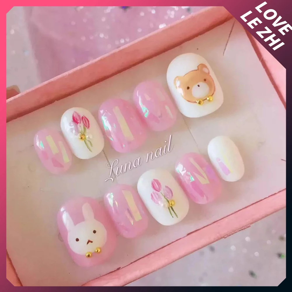 Cute Handmade Press On Nails Full Cover Cartoon Puppy Butterfly Design Diy Short Ballet Wearable Fake Nails Customizable