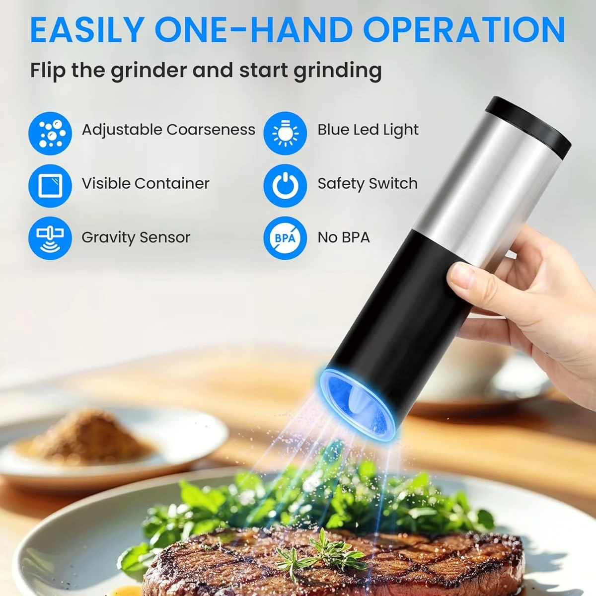 Gravity Electric Pepper Grinder With LED Light Adjustable Coarseness Stainless Steel Automatic Kitchen Spices Mill BBQ Tools