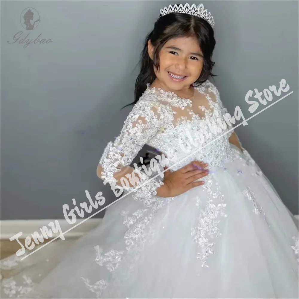 

Elegant White Lace Appliqué Long Sleeve Young Girl Birthday Wedding Fluffy Long Trail First Communion Banquet Show Competition