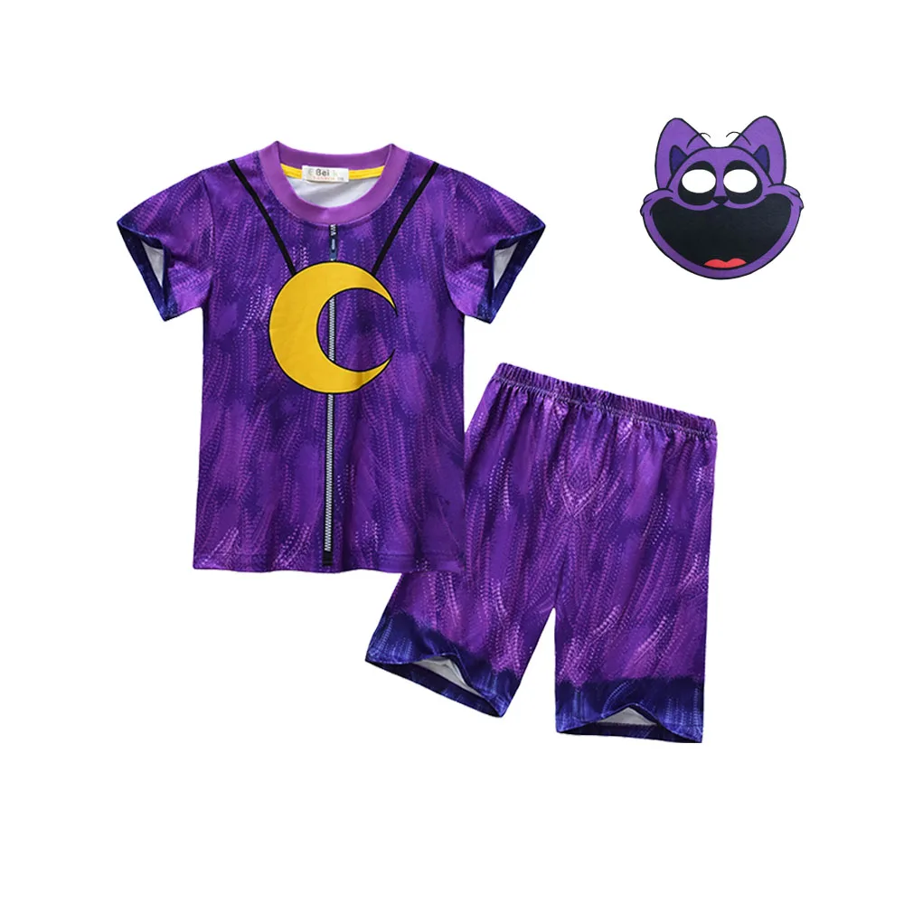 Boys Girls Catnap Cosplay Costume Smiling Critters Summer Tshirt Shorts Mask Children Cartoon Pajama Set Halloween Party Clothes