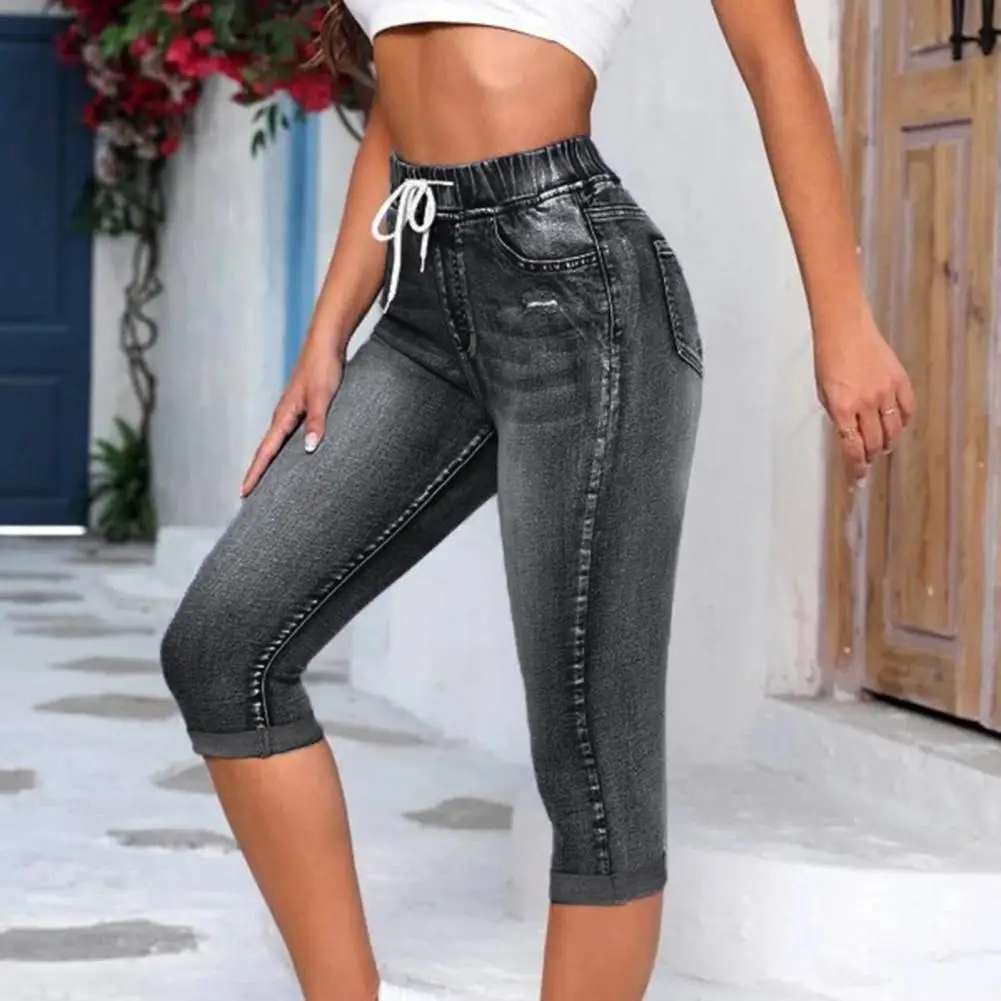 

Women Cropped Jeans Elastic High Waist Drawstring Pockets Lady Pants Gradient Butt-lifted Ripped Calf-length Trousers