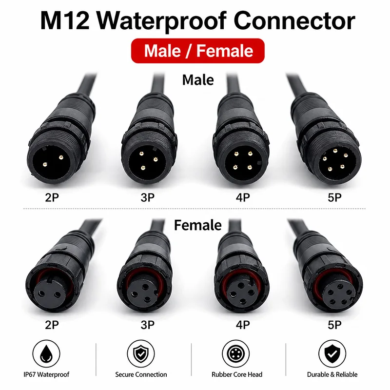 5/20Pcs M12 Waterproof 2 3 4 5 Pin IP67 Cable Wire Plug for LED Strips Male and Female 20cm Length Connector Rubber core head
