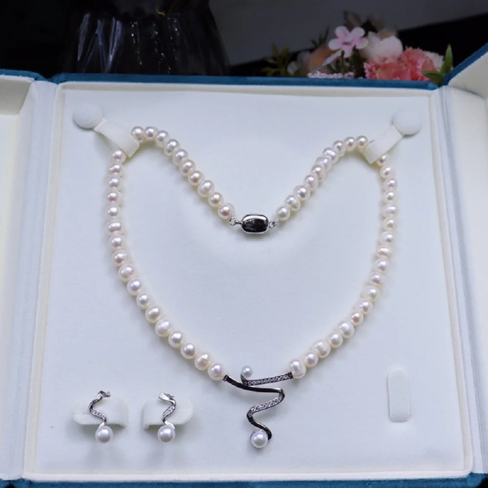 

Natural AAA7-8mm Japanese Round Pearl Necklace 18in+Earring Set 925s