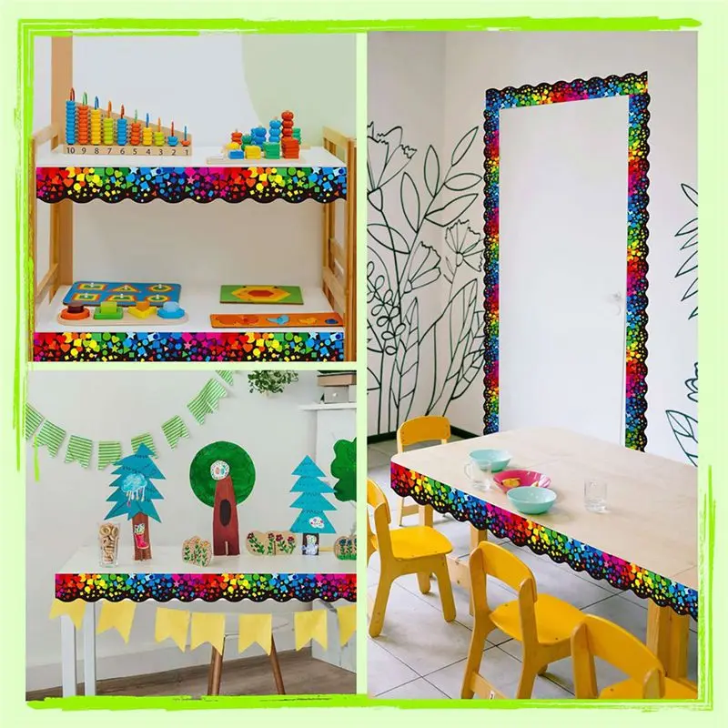 AT21-4 Roll 59 Feet Self Adhesive Bulletin Board Borders, Scalloped Confetti Border Trim Sticker For School Classroom Decor