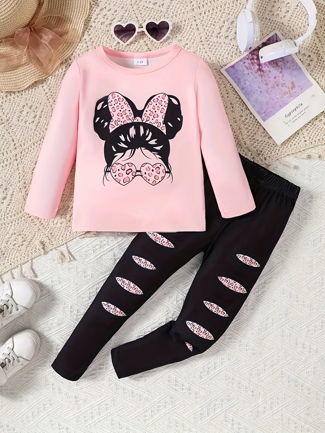 Pink-Black Sweet Cool Girl Set - Bow Print Long-Sleeve & Leopard Rip Pants Girls’ Trendy Daily Outfit