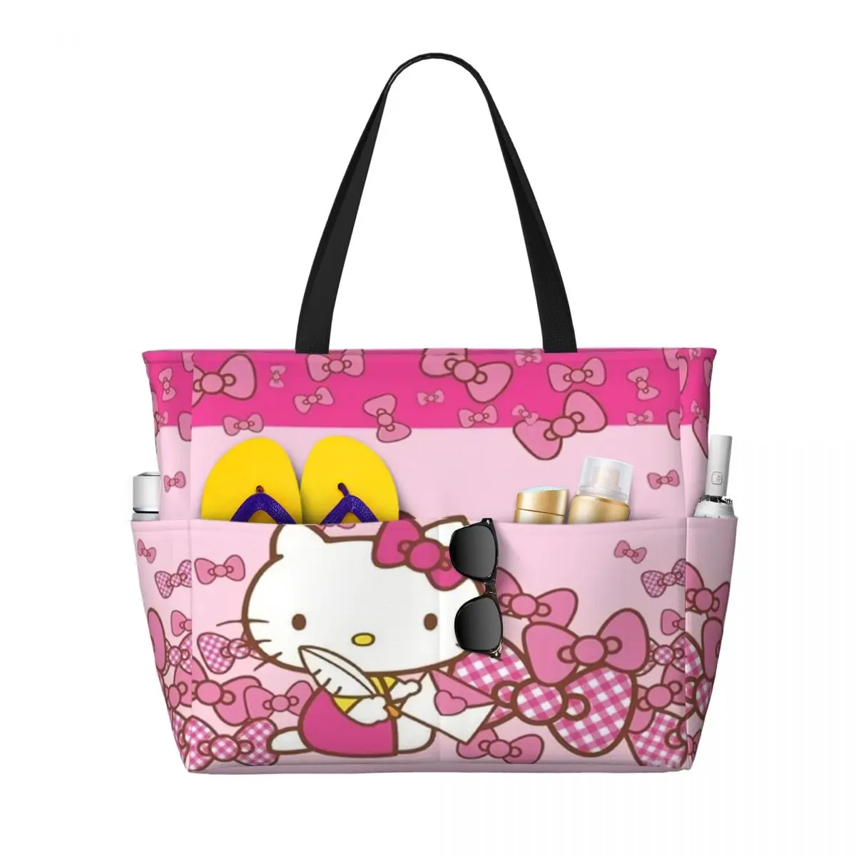 

Custom Red Bow Hello Kitty Cat Beach Tote Bag Women Anime Kitten Large Compartment Beach Gym Travel Bags