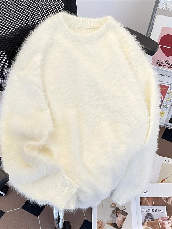 

Soft Mink Fur Knitted Sweater Thiened ex Winter Casual Sle Couple's Lazy Faion Versatile Long Sve round Ne Top