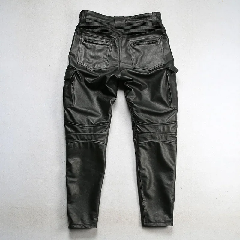 Spring  autumn season men workwear biker riding leather pants sturdy durable Slim windproof warm multi-pocket cowhide long pants