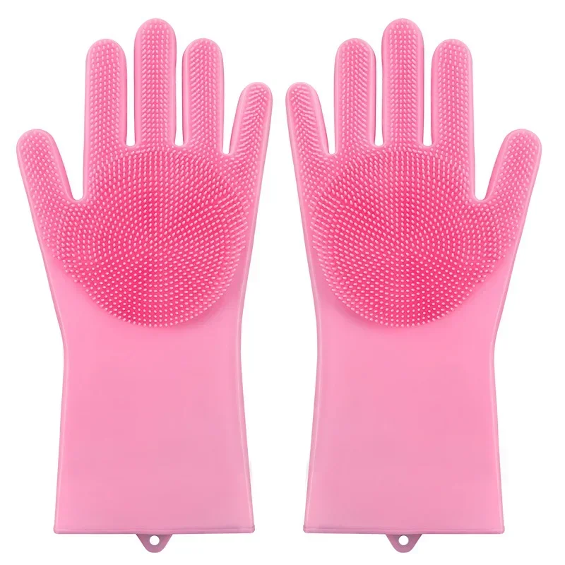 1 Pair Reusable Dishwashing Gloves Silicone Household Sponge Scrubber Durable Portable Kitchen Dishwashing Cleaning Gloves