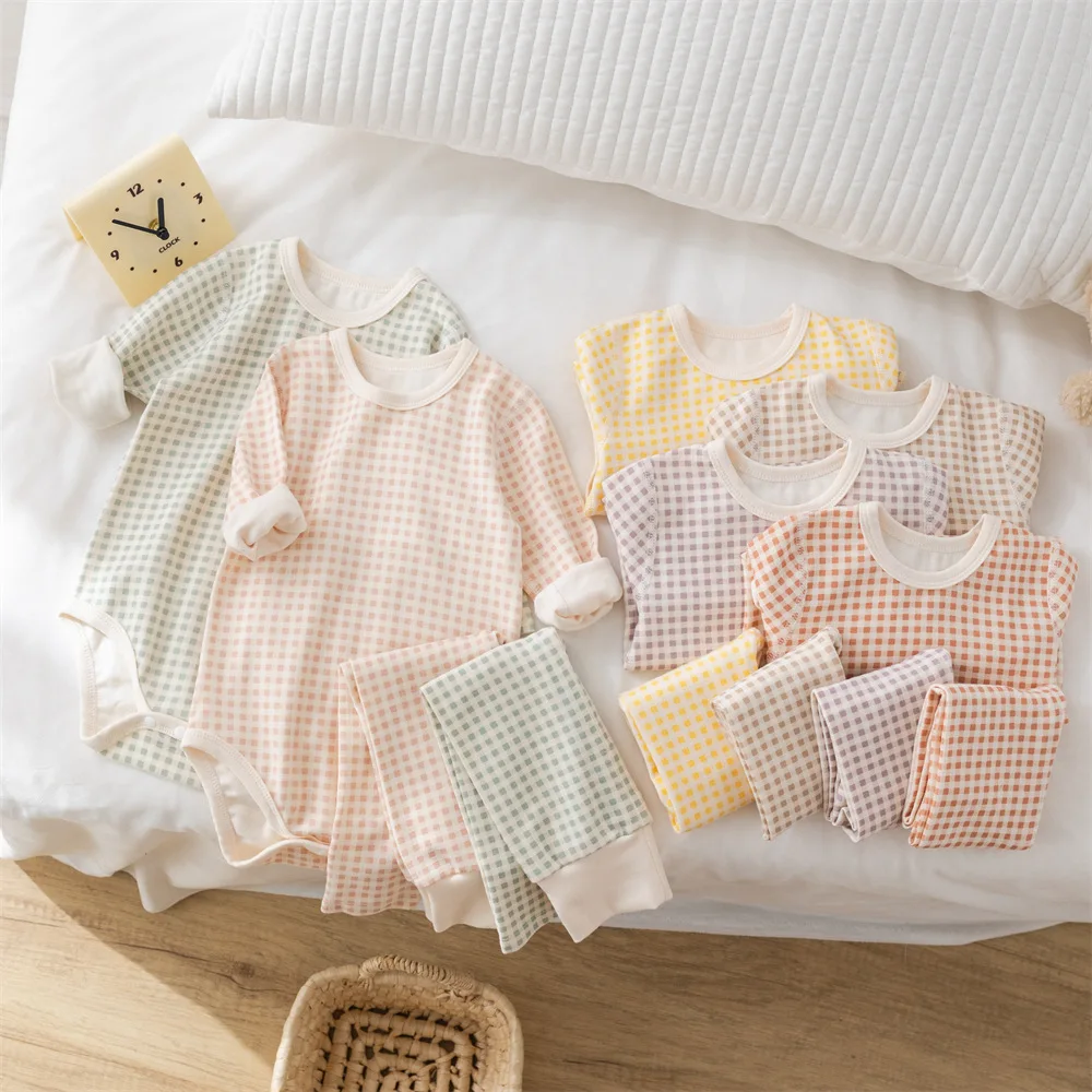 2024 Autumn Baby Pajamas Set 0-2Y Toddler Boys Plaid Bodysuit+Pants Underwear 2Pcs Girls Homewear Suit Toddler Sleep Clothing