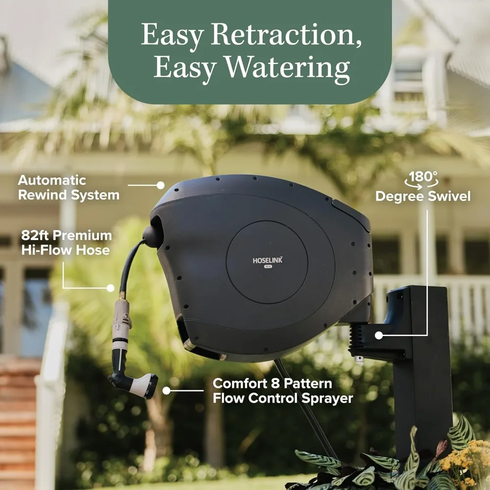 

Charcoal 82ft Hi-Flow Automatic Retractable Hi-Flow Garden Hose Reel, 9/16”, UV-Stabilized Kink-Free Hose,