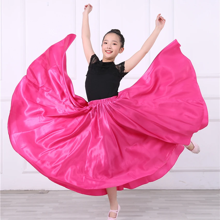 10 colors Kids Girls Belly Dance Costumes for Children Belly Dancing Indian Bollywood Performance Gypsy Solid Satin 360 Skirt