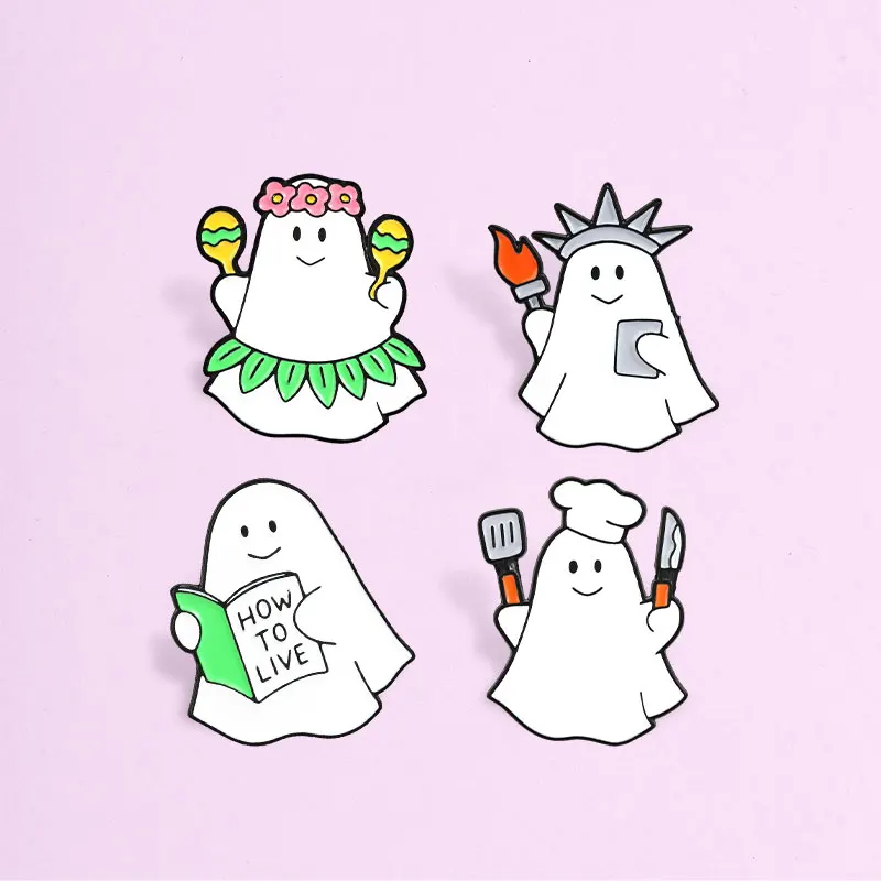 Ghost Reading How To Live Enamel Badge Statue Chef Hula Dancer Cartoon Style Alloy Pin Brooch Jewelry Gifts For Halloween