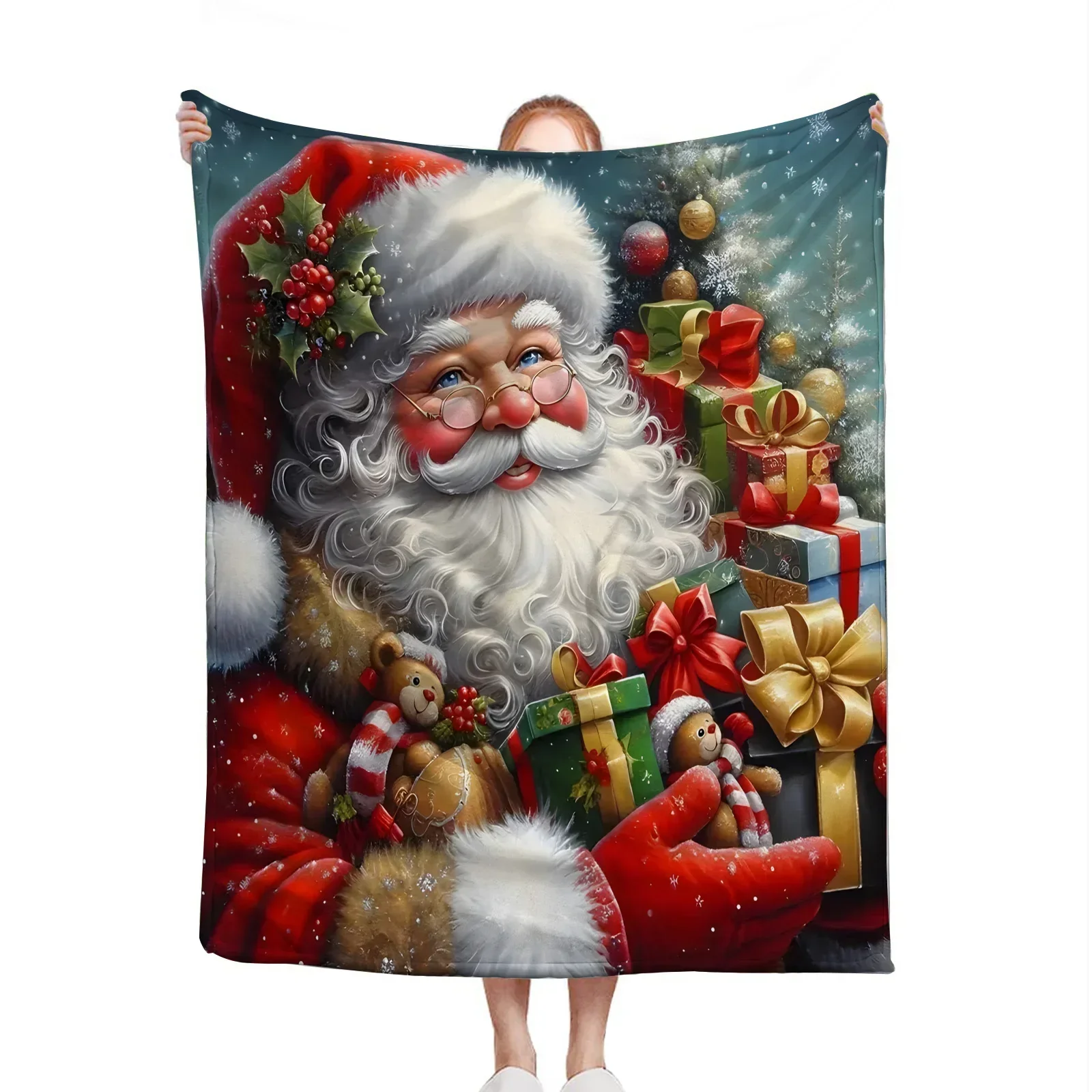 Santa Design Microfiber Blanket  Super Soft Holiday Throw for Bed Sofa Cozy Winter Warmth Blanket for Home  Camping Use