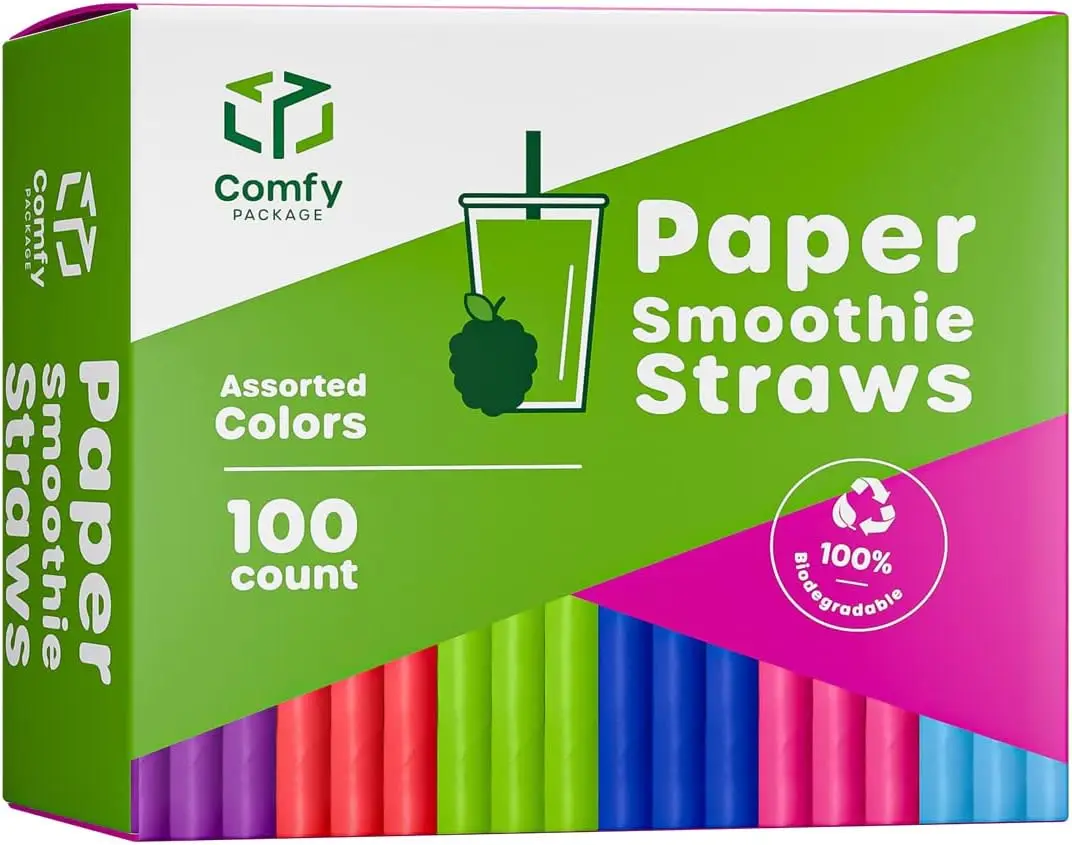 

100 Jumbo Biodegradable Paper Straws, Assorted Colors, 9" Length for Smoothies & Boba Tea