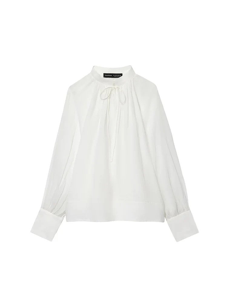 Europese en Amerikaanse stijl herfst nieuwe dameskleding 2025, modieus topshirt met opstaande kraag en lantaarn met lange mouwen