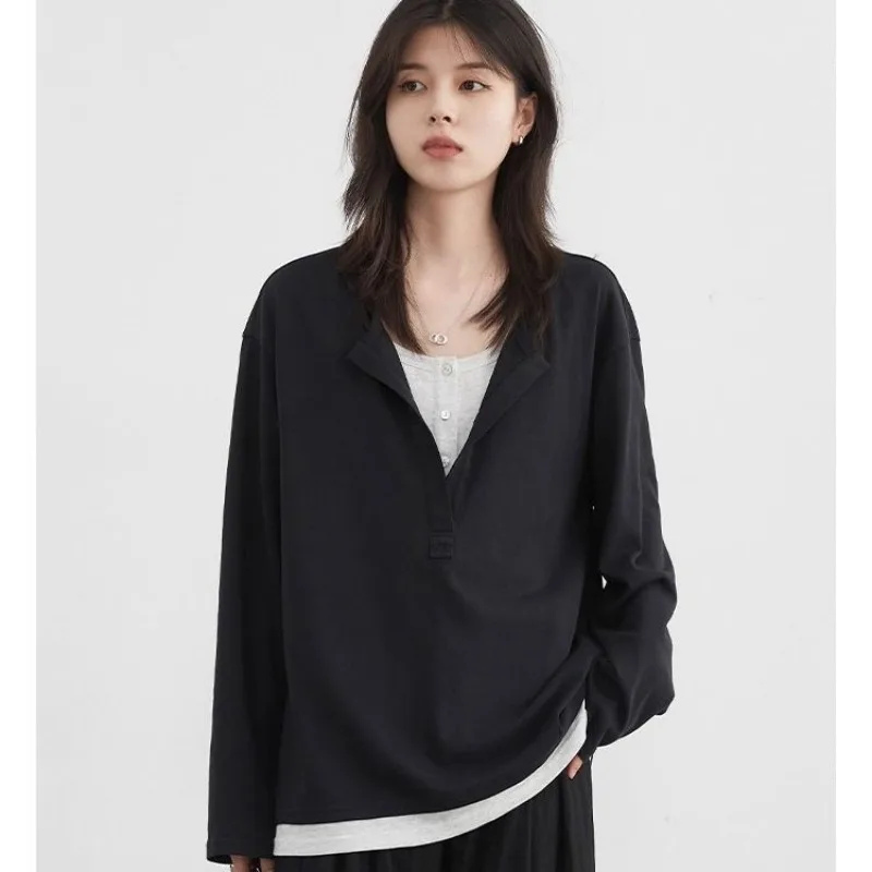 Women Mock Two Piece Long Sleeve T Shirt Loose Fit Casual Lazy Style Versatile Layering Tops For Spring Autumn