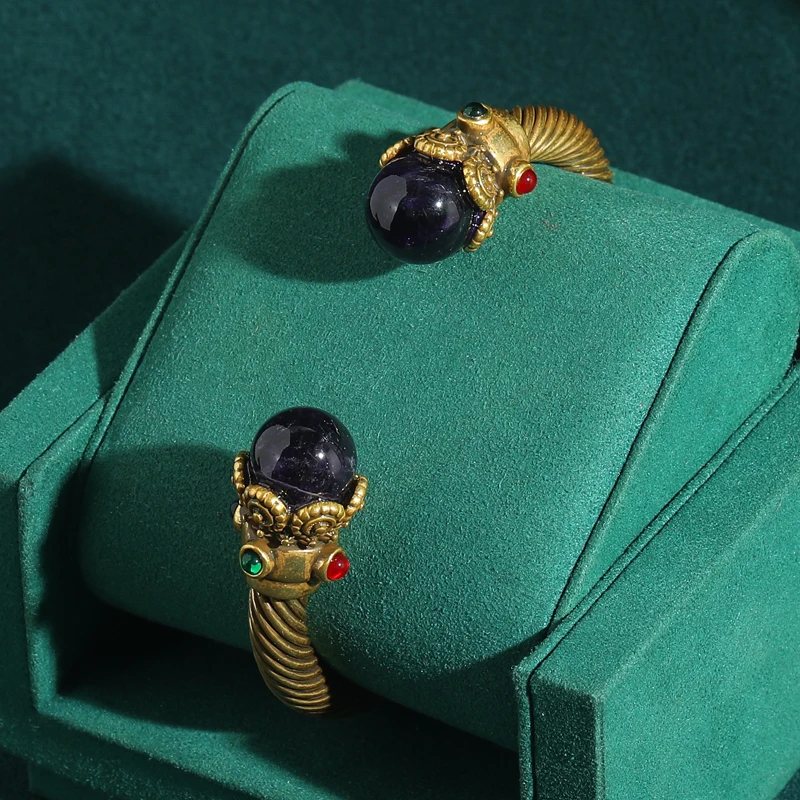Vintage Purple Natural Stone Bangles For Woman Indian Style Antique Gold Color Luxury Jewelry Designers Valentine Day Gift 2025