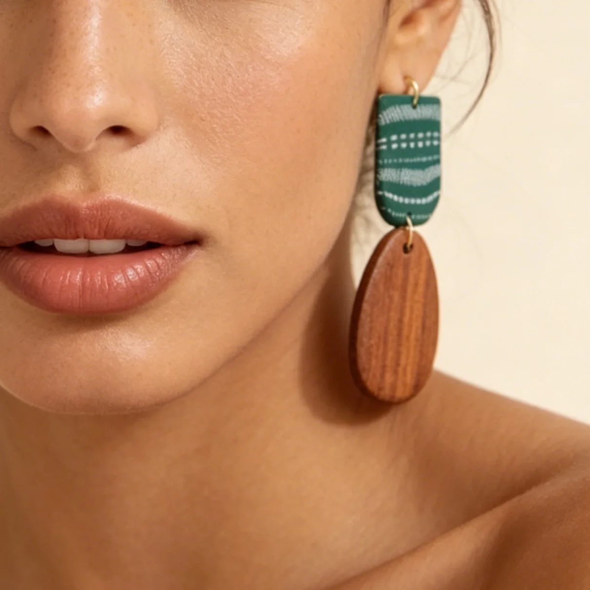 Assorted Nature Inspired Geometric Polymer Clay Earrings Unique Wood Textured Green Drop Lightweight Modern Artsy Jewelry Gift
