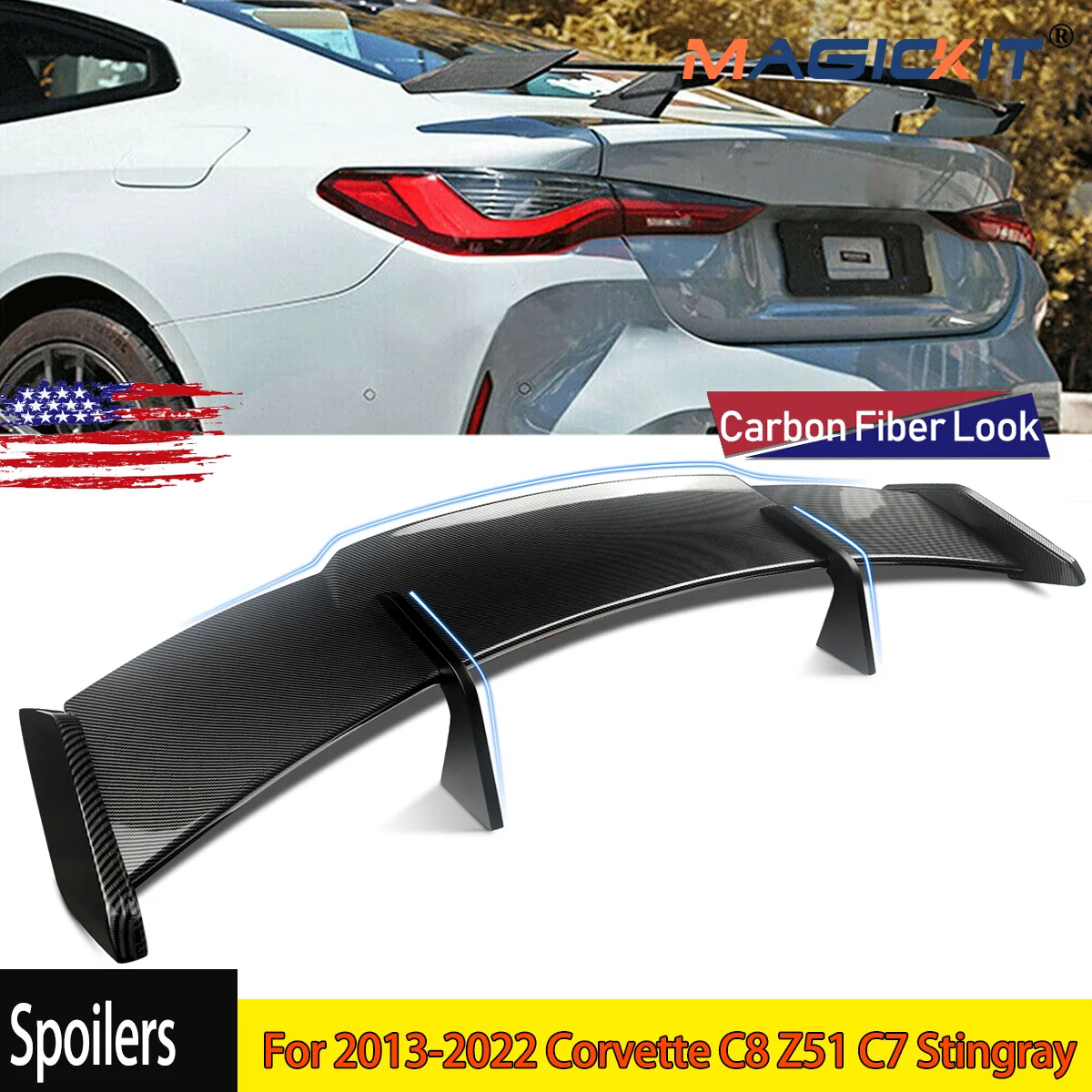 

GT Style Carbon Look Rear Spoiler Wing For 2013-2022 Corvette C8 Z51 C7 Stingray