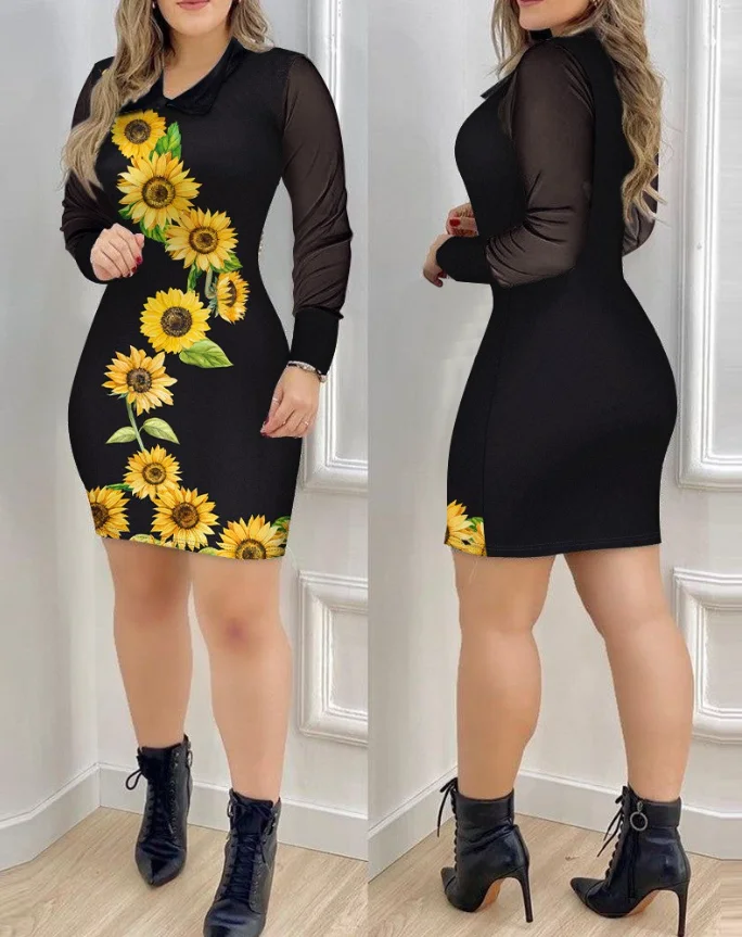 

Women's Dress Fashion Sunflower Pattern See Through Sheer Mesh Long Sleeve Dress Sexy Turn-Down Collar Bodycon Mini Dress