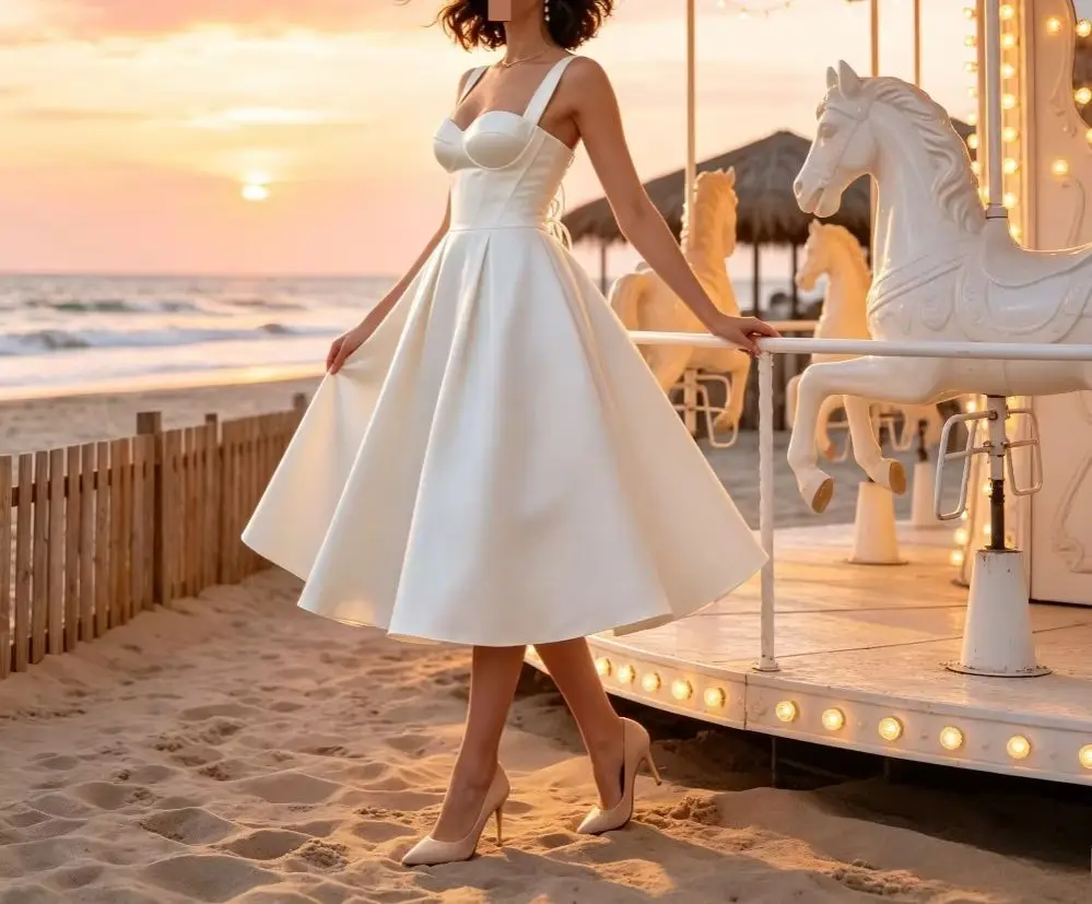 Customized Minimalist Bridal Reception Gowns Sweetheart Wide Strap Satin Midi Corset A Line Elopement Party Wedding Dresses