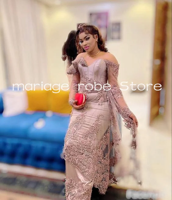 Nude Pink Illusion Long Sleeve Prom Occasion Dresses Lace Applique Sheer Mesh Aso Ebi Arabic African Evening Reception Gown