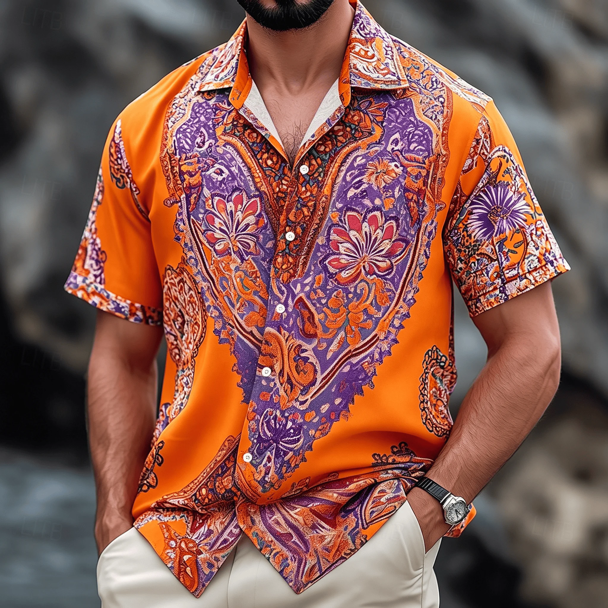 2026 American Retro Contrasting Large Cashew Flower Print Men's Shirt Cardigan Beach Travel Casual Top