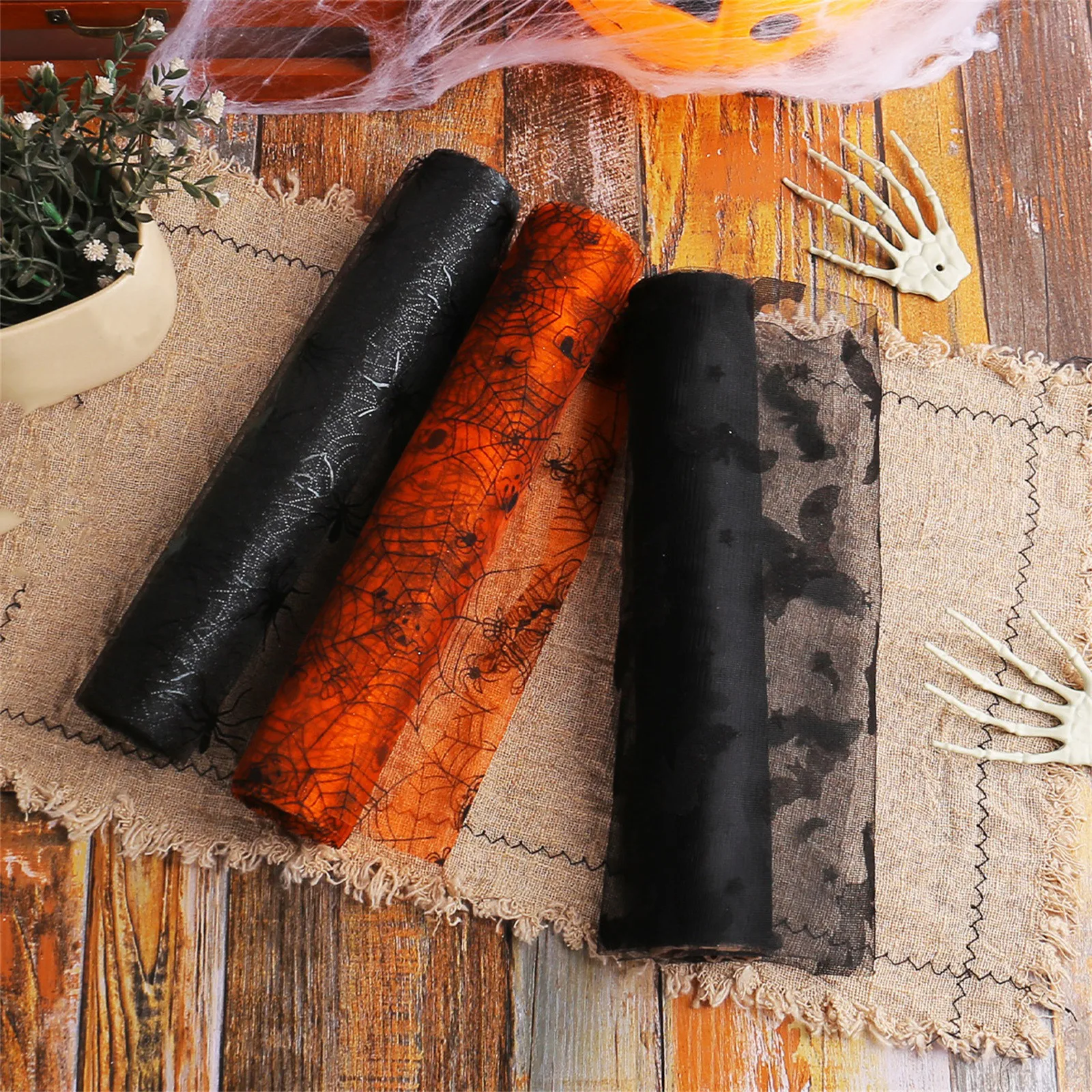 Halloween Tulle Roll Spider Web Tulle Ribbon Pumpkin Bat Print Tulle Roll For Wreath Making Halloween Decoration