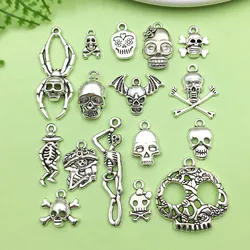 16/20pcs Antique Silvery Halloween Decoration Charms, Alloy Skull Head Design Pendants For DIY Jewelry Making Accessories