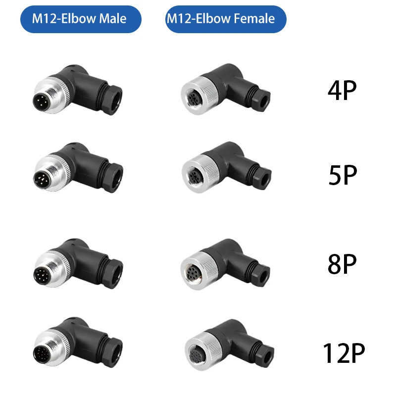 Connecteur de capteur étanche M12, prise filetée à vis droite et coudée, mâle et femelle, 3 broches, 4 broches, 5 broches, 6 broches, 8 broches, 12 broches, 17 broches, vente en gros, 5/20 pièces