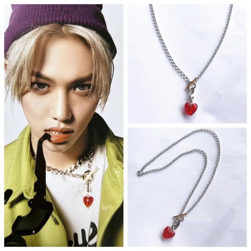 2022 Korean New Hwang Hyun Jin Felix Same Red Love Pendant Necklace Punk Style Metal Accessories Fashion Women's Jewelry