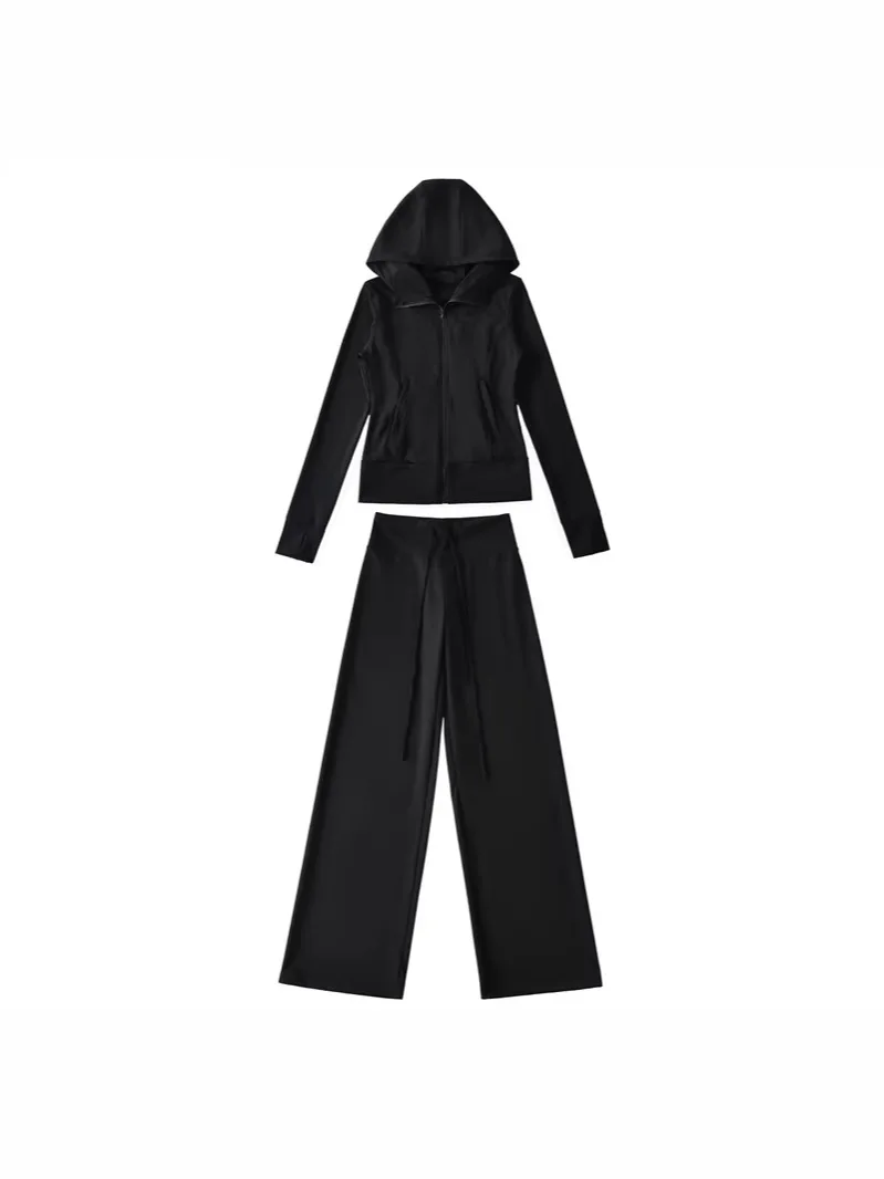 Women's Fitted Waist Sports Suit Hooded Stand Collar Zipper Sunscreen Sweater Jacket Drawstring Wide-Leg Yoga Pants Set