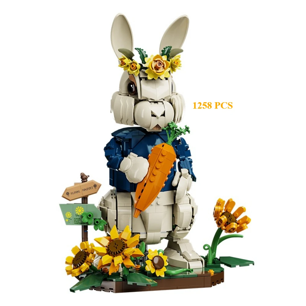 Zestaw klocków MOC Słonecznik Zwierzę Wiejski Królik z Wybrzuszanymi Zębami Uroczy Króliczek Wielkanocny Pomysł na Zabawki dla Dzieci Prezent na Urodziny Święta