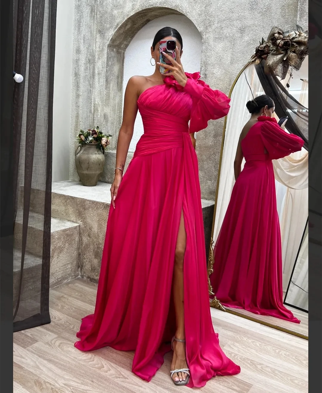 

2025 Elegant Red A-Line Evening Dresses Long Sleeve One Shoulder Flower Chiffon Formal Prom Party Gowns Robe De Soriee