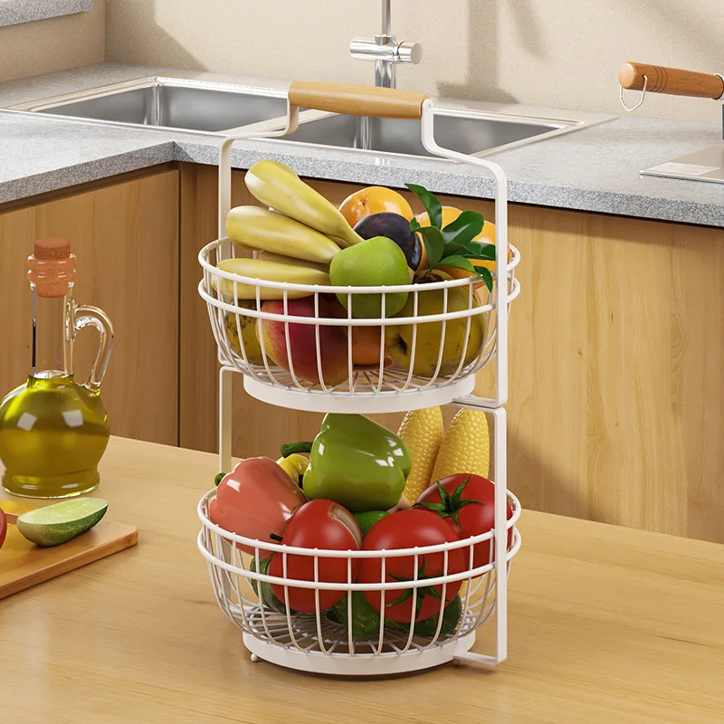 Dual-Tier Kitchen Storage Basket Dismountable Metal Mesh Fruit Vegetable Basket 2-Level Wire Fruit Basket for Efficient