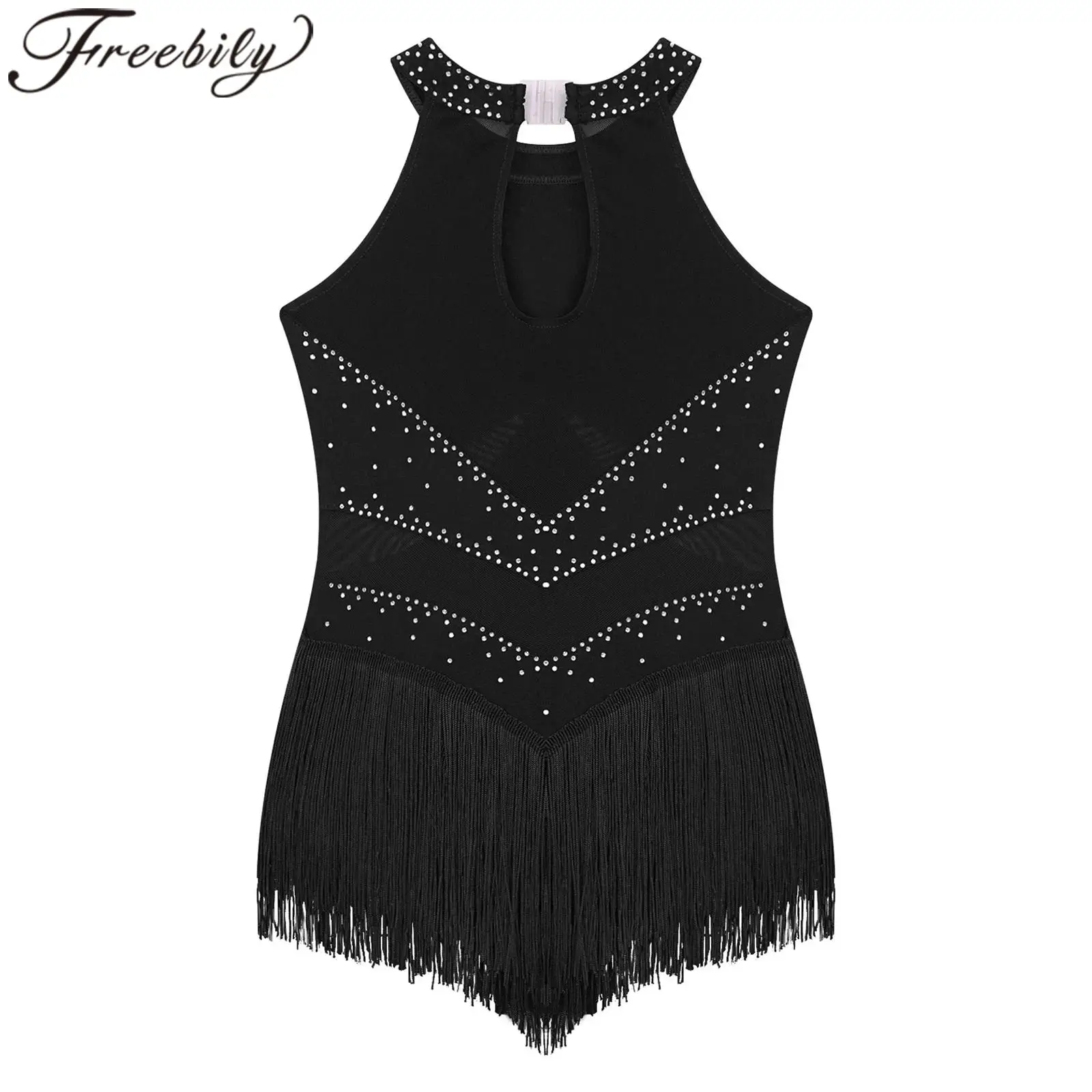 Leotardo de Baile Latino para Niñas, Vestido de Actuación para Niños, Ropa de Baile de Tango con Borlas, Flecos y Malla Transparente, Vestidos de Samba, Rumba y Baile de Salón